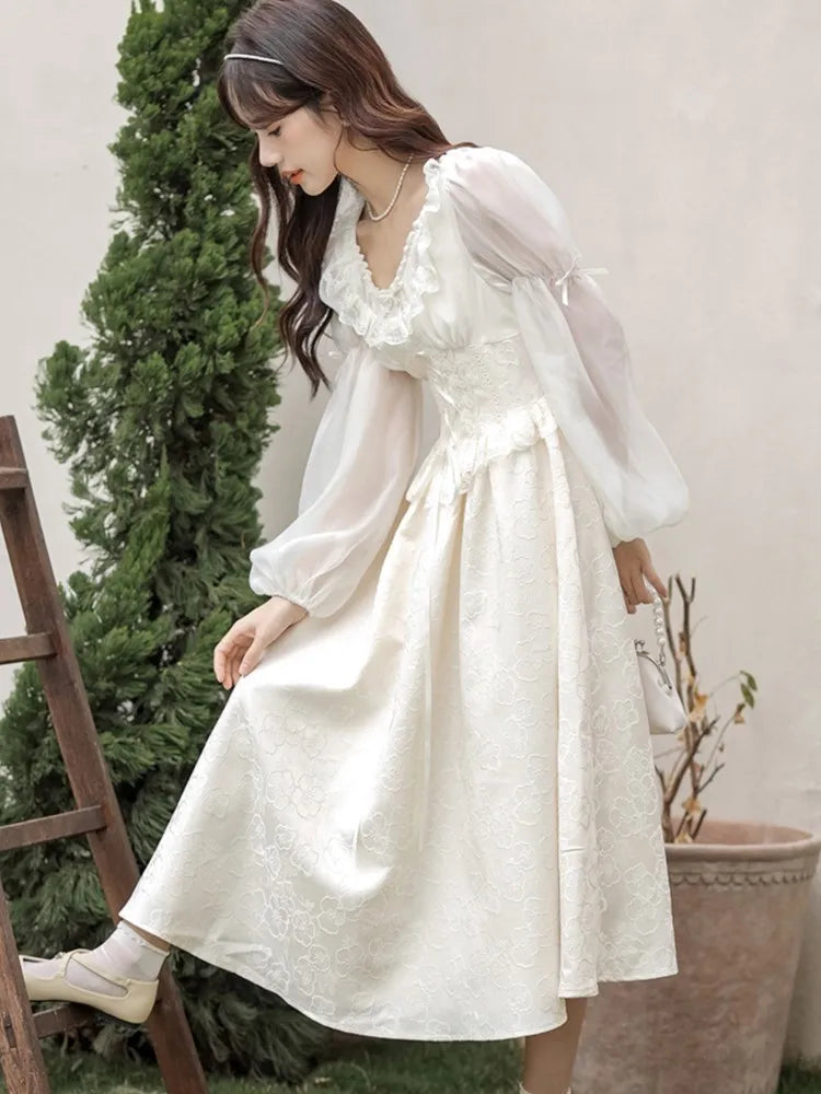 Lunivop  French Fairy Lantern Sleeve Midi Dress for Women Summer Elegant Retro Slim Sweet Party One Piece Dress Korean Casual Clothes