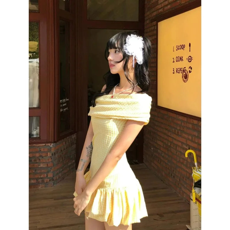 Lunivop Sweet Elegant Bodycon Mini Dresses Women Off Shoulder Korean Style Butter Yellow Plaid Ruffles Dresses Y2k Harajuku