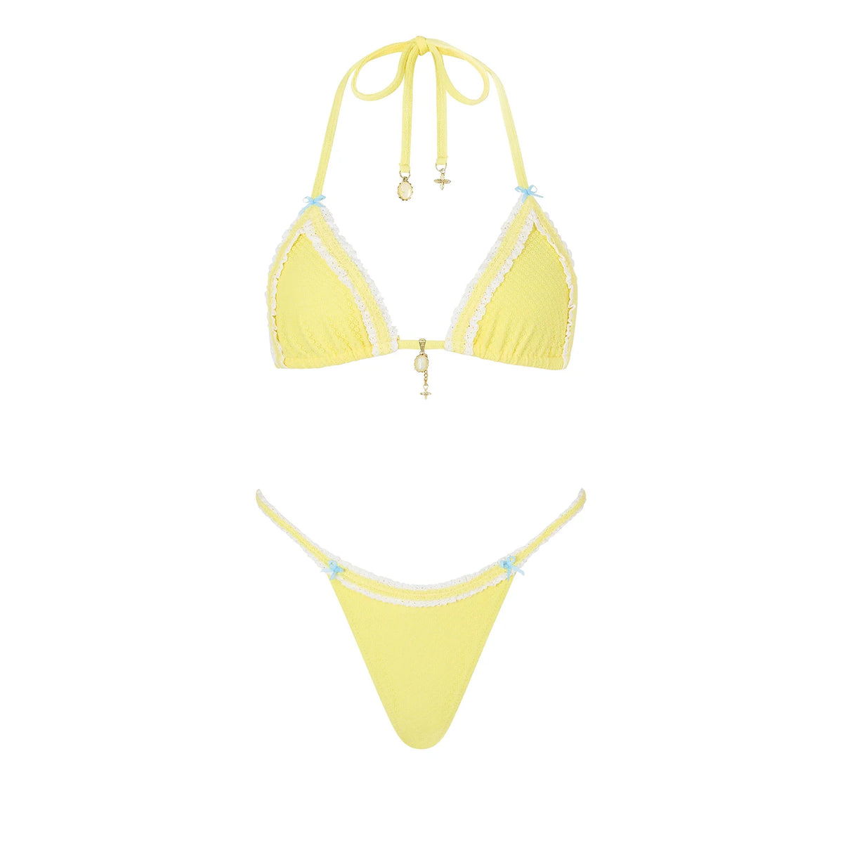 Lunivop   3Pcs Yellow Lace Bikini Sexy Women Swimsuit Push Up Swimwear Bandeau Biquini Female Crochet Skirt Floral Bathing Suit Beachwear