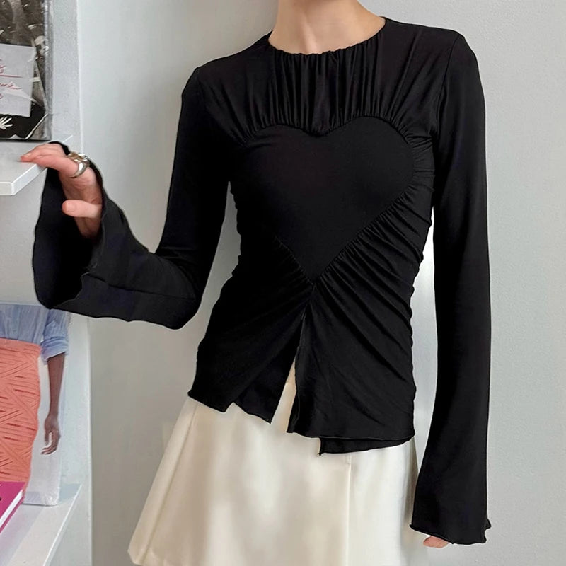 Lunivop  BKLD Women's Autumn New Round Neck Slim Fit Trumpet Sleeves Simple Casual Heart Shape Design Fashion Split Hem Solid Y2K T-shirt
