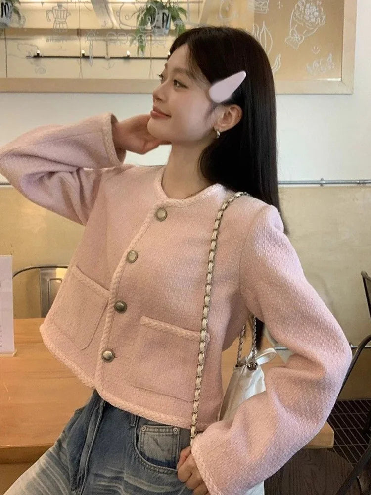Lunivop Pink Sweet Tweed Jackets Women Vintage O Neck Cute Elegant Long Sleeve Short Coats Retro Casual Single Breasted Pockets Outwear