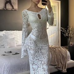 Lunivop White Sexy Lace Hollow Long Sleeve Dress For Women See Through Maxi Dress Hot Girl Fashion Bodycon Backless Outfits Lady