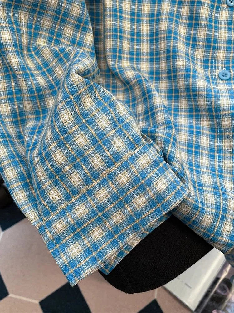 Lunivop Retro Blue Plaid Shirt Women Casual Fall Long Sleeve Harajuku Retro Blouse Japan Preppy Style Female Turn Down Collar Tops