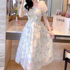 Lunivop  Summer White Chiffon Long Dress Casual Floral Party Dress Elegant Short Sleeve Fairy Dresses for Women Sweet Beach Clothing