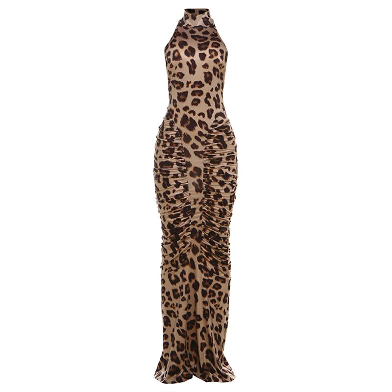 Lunivop  Ruched Patchwork Backless Leopard Print Halter Bodycon Maxi Dress Women Wild Sexy Turtleneck Sleeveless Slim Party Clubwear