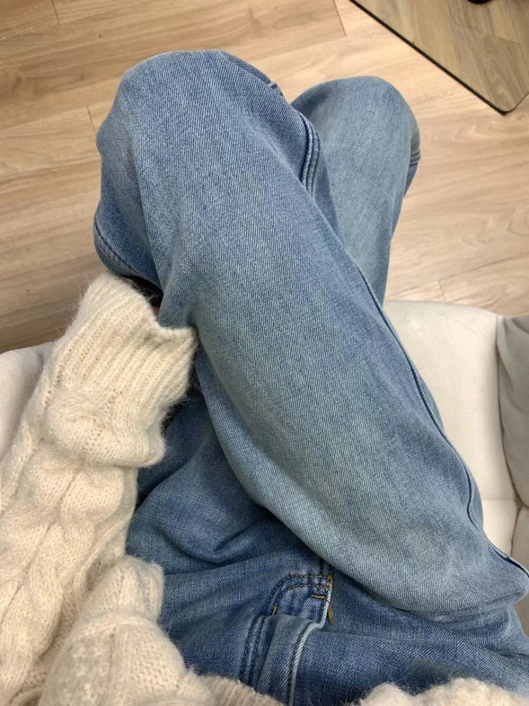 Lunivop  Thickened Fleece High Waist Straight Leg Jeans Women Winter New Loose Slim Warm Wide Leg Jeans Floor-Length Trousers Streetwear