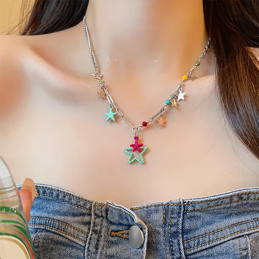 Lunivop New Fashion Cute Pink Green Star Pendant Necklace for Women Niche Design Charms Necklace Sweet Elegant Vacation Party Jewelry