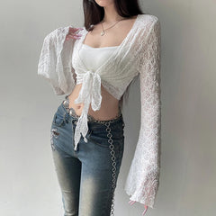 Lunivop  Streetwear y2k Lace Smock T-shirt Solid White Flared Full Sleeve Bandage Cardigan Crop Top Women Vintage 2000s Tees Shirt