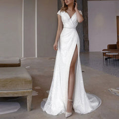 Lunivop  V-Neck Short Sleeve Wedding Dresses Customized Pleat A-Line Sashes Backless Slide Split Floor-Length Court Train Bridal Gown