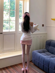 Lunivop  Y2k Sweet Kawaii Sexy Sweet New 2 Piece Set Women Off Shoulder Top + Pink Skirt Female Style Design Lolita Kawaii Suit