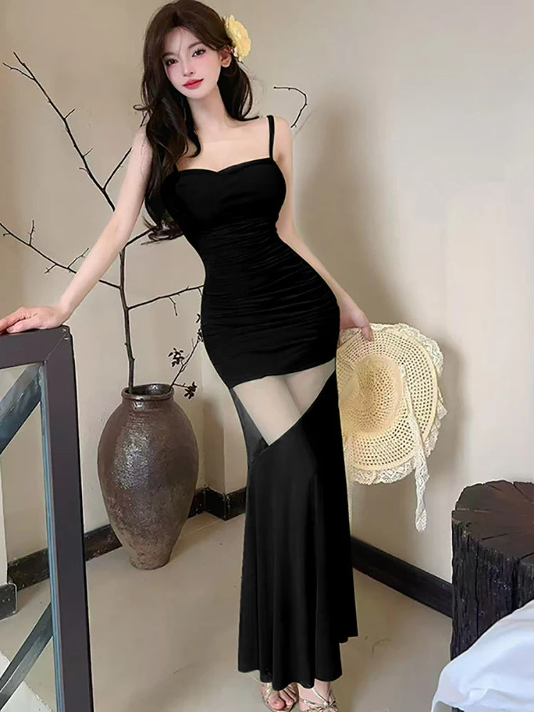 Lunivop  Black Patchwork Mesh Sheer Sexy Long Dress Women Elegant Luxury Ruffled Dress Gown Summer Korean Bodycon Party Night Dress