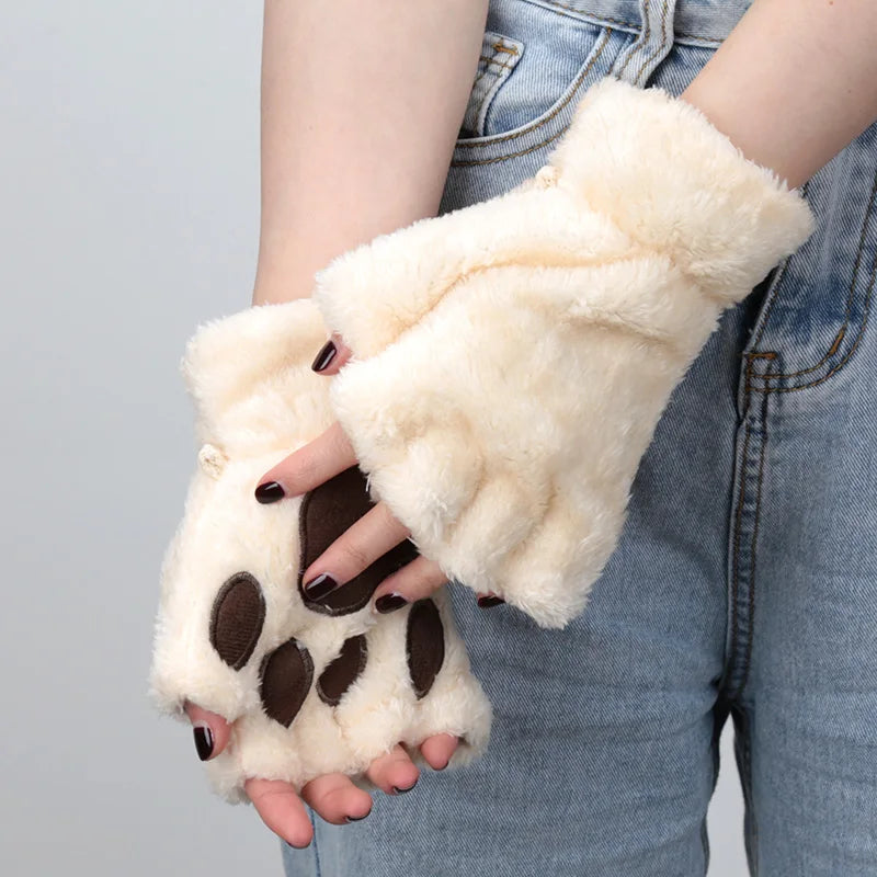 Lunivop Women Cartoon Cat Claw Gloves Thickened Plush Lovely Style Bear Paw Exposed Fingers Half Winter Mittens Warm Girls Gift Gloves