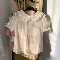 Lunivop  Mesh Peter Pan Collar Puff Sleeve Dot Shirt Preppy Style Short Student Slim Blusas Age Reduction French Exquisite Tops