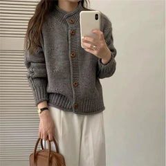 Lunivop Women's Knit Cardigan Sweater Button-up Stand Collare Soft Woolen Pointelle Sweater Jacket Coat Korean Autumn Winter Outfit