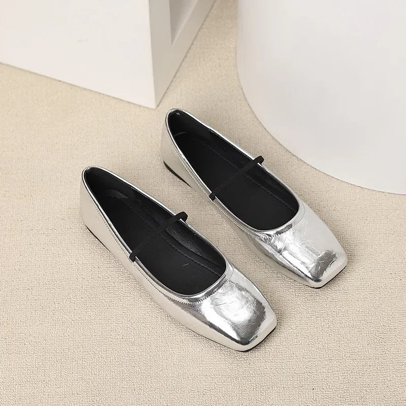 Lunivop New Women Mary Janes Soft Sole Flats Ladies Retro Square Toe Silver Gold Party Leather Loafers Elegant Slip-on Ballet Shoes