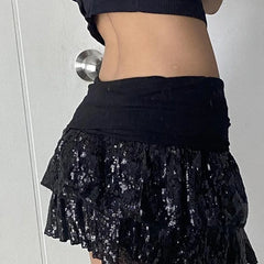 Lunivop Sequins Tiered Mini Skirt Gothic Mid Waist A-line Layered Short Skirts Dark Academia Pleated Skirts Festival Bottoms