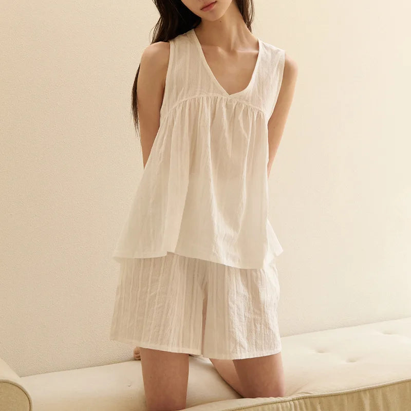 Lunivop  100%Cotton Jacquard Women's Pajamas Two-Piece Set Summer New Casual Sleeveless V-Neck Top Loose Wide-Legged Shorts Homewear Suit