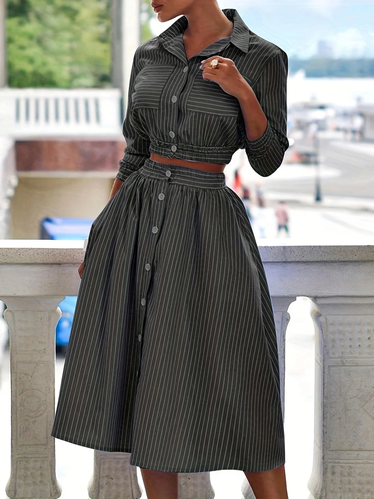 Lunivop  Elegant Blue Stripe Skirt Sets for Women 2 Pieces Fashion Long Sleeve Button Short Shirt and High Waist Pleated Skirts