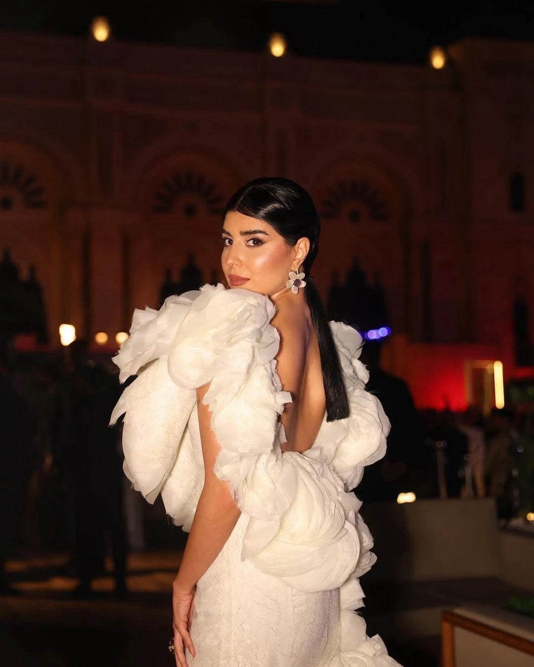 Lunivop O-neck Ruffles Sleeve Mermaid Dress With Train Ruffled Floral Evening Dresses Off White Lace Long Woman Clothes Elegant Prom Dress