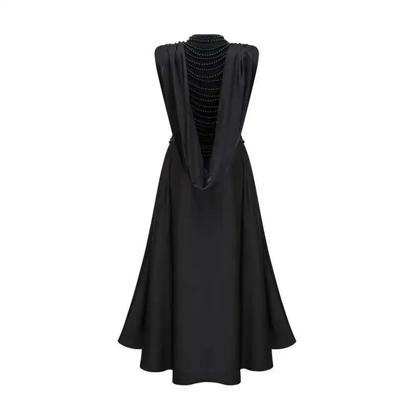 Lunivop Sleeveless Nail Beads Dress Women High Waist Irregular O-neck Solid Banquet Party Dresses Female 2025 Spring New