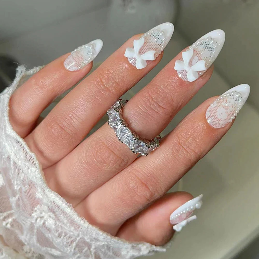 Lunivop  Get Glamorous with,24Pcs/Set Long almond Lace pattern design Press on Nails tip Bow with pearl design translucent Acrylic Fake N