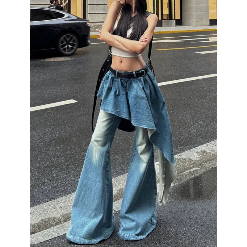 Lunivop Blue Womens Jeans High Waist Vintage Design Hip Hop Straight Baggy Denim Pants Street Y2K American Style Wide Leg Denim Trouser