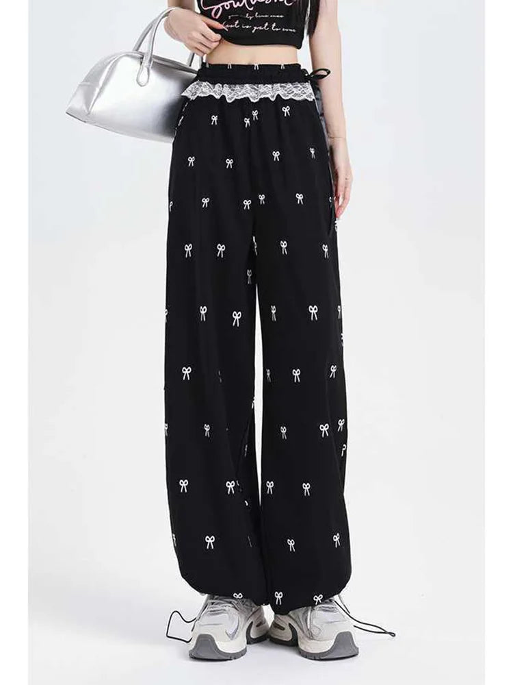 Lunivop  Bow Print Sweet Wide Leg Pant Women Loose Elegant Lace Patchwork Trousers Summer Vintage Cute High Waist Lady Casual Pants