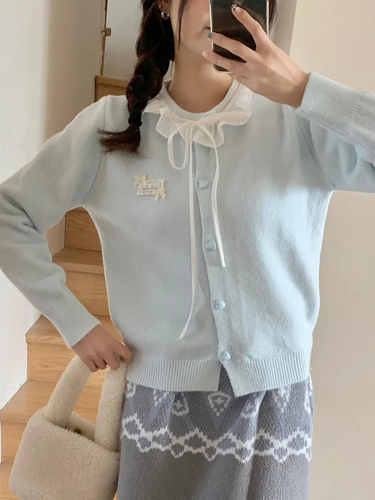 Lunivop Ruffles Sweet Cardigan Women Cute Long Sleeve Bow Sweaters Preppy Style O Neck Japan Kawaii Letter Lace Up Love Buttons Top