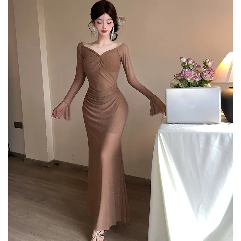 Lunivop  Spring Summer Red Mesh Diamonds Polka Dot Dress Women Long Sleeve Elegant Luxury Dress Gown Korean Vintage Bodycon Vestidos