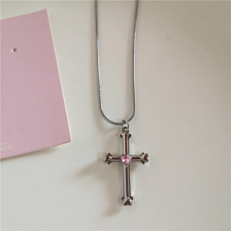 Lunivop Kpop Vintage Pink Heart Bowknot Pendant Stainless Steel Snake Chain Necklace Girl Goth Y2k Aesthetic Rave Jewelry Accessories