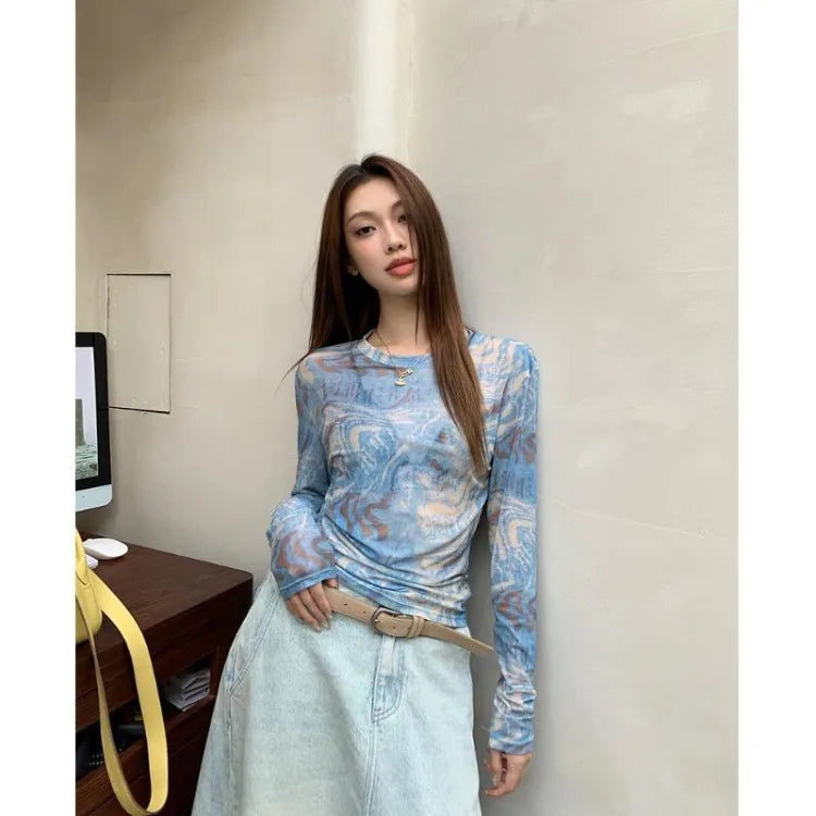 Lunivop  Vintage Tie Dye Printed O-neck Slim Fit Tee Shirt Y2k Thin Mesh Long Sleeved T-shirts Summer New Chic Top for Women