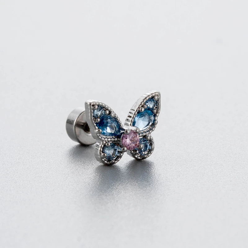 Lunivop 1PCS Delicate Blue Pink Zircon Butterfly 316L Stainless Steel Ear bone nail Y2K Hottie Cute Earring for Women Cochlea Accessorie