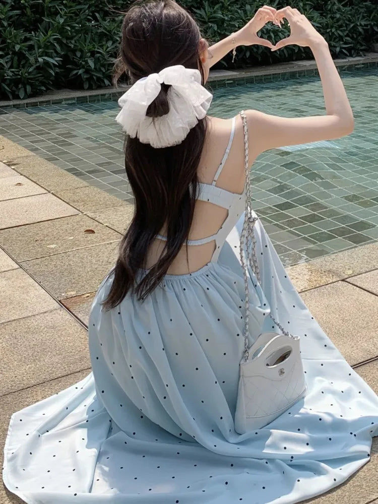 Lunivop Women  Sleeveless Polka Dot Slash Neck Dresses Spring Summer Backless Sweet Elegant Party Dress Vintage Ladies Casual Vestidos