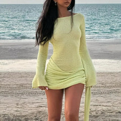 Lunivop Knitted Mini Beach Dress Women Sexy Backless Slim Holiday Outfits Autumn Winter Elegant Long Sleeve Solid Party Dress 2024