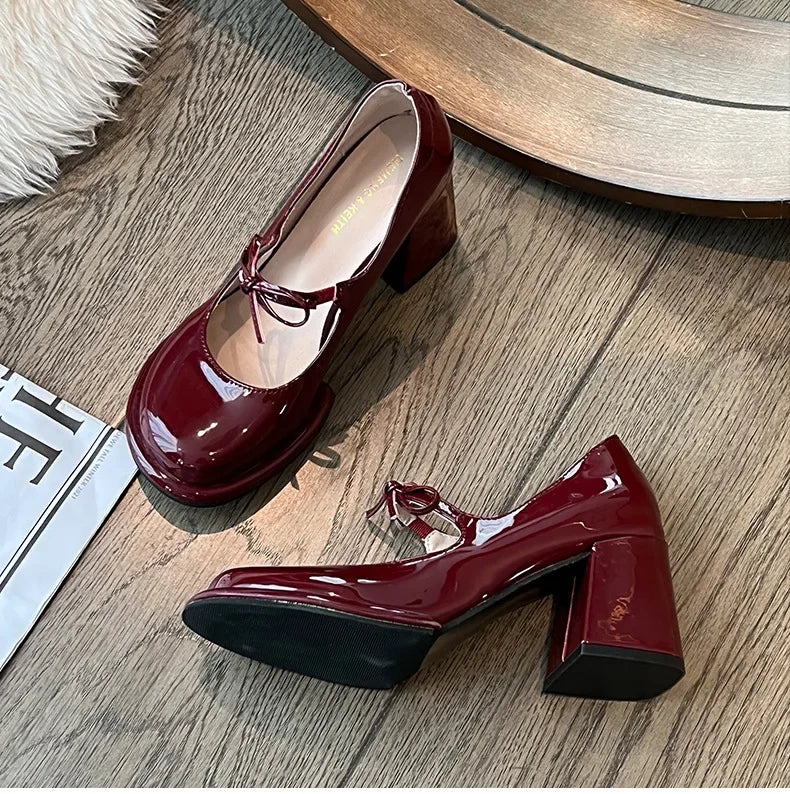 Lunivop New Fashion Bowknot Shallow Soft Sole Dress Shoes for Women High Heeled Mary Jane Single Shoes Ladies Thick Heel Ballet Shoes