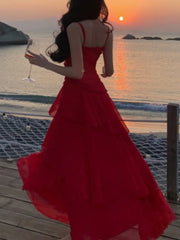 Lunivop Elegant Spaghetti Strap Sleeveless Ruffles Dresses Waist Cinched Gown Coastal Outfit Women's French Lace Halter Neck Long Dress