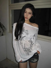 Lunivop Korean Fashion Graphic Tees Women Transparent Vintage Gothic T Shirt Long Sleeve Loose Punk T-shirt Streetwear Tops