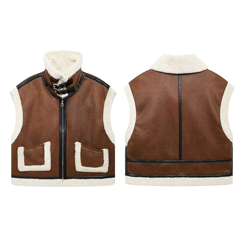 Lunivop Retro Lapel Oversized PU Leather Vest Women Casual Thickened Sleeveless Waistcoat Lady Autumn Winter High Street Outwear Tops