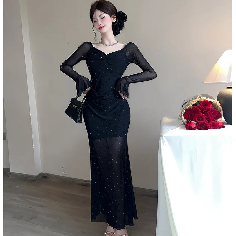 Lunivop  Spring Summer Red Mesh Diamonds Polka Dot Dress Women Long Sleeve Elegant Luxury Dress Gown Korean Vintage Bodycon Vestidos