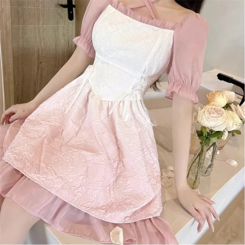 Lunivop  Japanese Summer Lolita New Spliced Lace Gauze Bandage Fashion Slim Minimalist Casual Puff Sleeve Princess Party Dresses