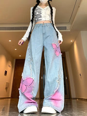 Lunivop  American Vintage Butterfly Embroidered Jeans for Women Spring Autumn New Straight Denim Pants High Waist Wide Leg Pants