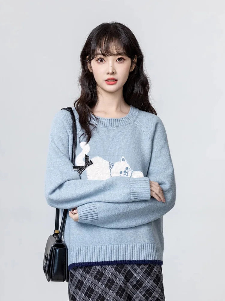 Lunivop Cartoon Cat Print Kawaii Sweaters Women Sweet Bow Long Sleeve Cute Knitted Jumper Vintage Japan O Neck Casual Loose Pullovers