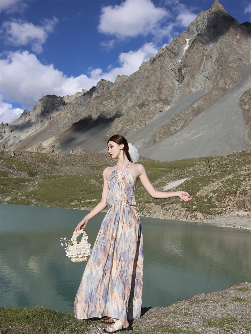 Lunivop  French Vintage Purple Backless  Long Dresses Basics Vestidos De Festa V -Neck Spring Summer Holiday A-Line Vestidos New