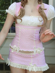 Lunivop  New Lolita Style Pink And White Gingham Dress Plus Size Sweetheart Neckline With Puffy Sleeves And Lace Trims For Women Hot Sale