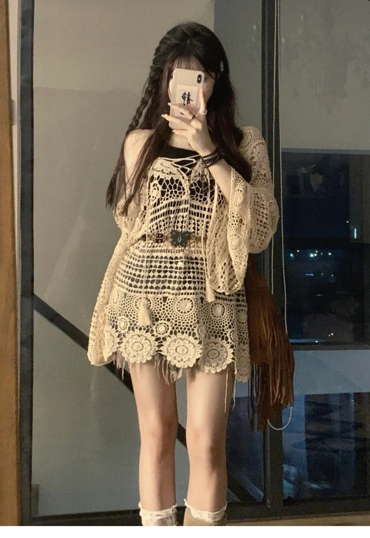 Lunivop Crochet Tunic Top Boho Women Summer Beach Wear Lantern Sleeve Tassel V-Neck Open Knit Top