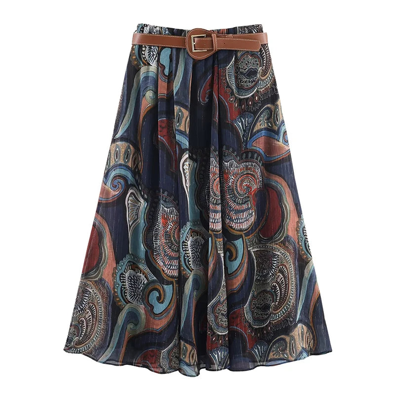 Lunivop  Chic Elegant Pleated Long Skirts For Women Fashion New With Belt Vintage Printed Midi Skirt Street Casual Holiday Skirts