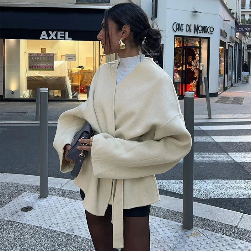 Lunivop Elegant Belt No Collar Apricot Coats Women Chic Loose Long Sleeved Short Jackets Lady Autumn Winter High Street Outwear Tops