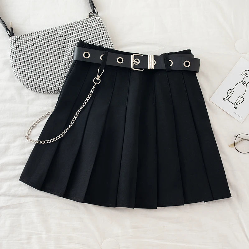 Lunivop Punk Mini Skirt With Chain Belt Rock Girl Cheerleading Belted Pleated Skirt Women Alt-girl Egirl Y2K Outfit