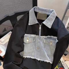 Lunivop  American Retro Hip-hop High Street Denim Sweatshirts Autumn New Long Sleeve Tops Muejr Y2k Lapel Neck Half Zip Pullover