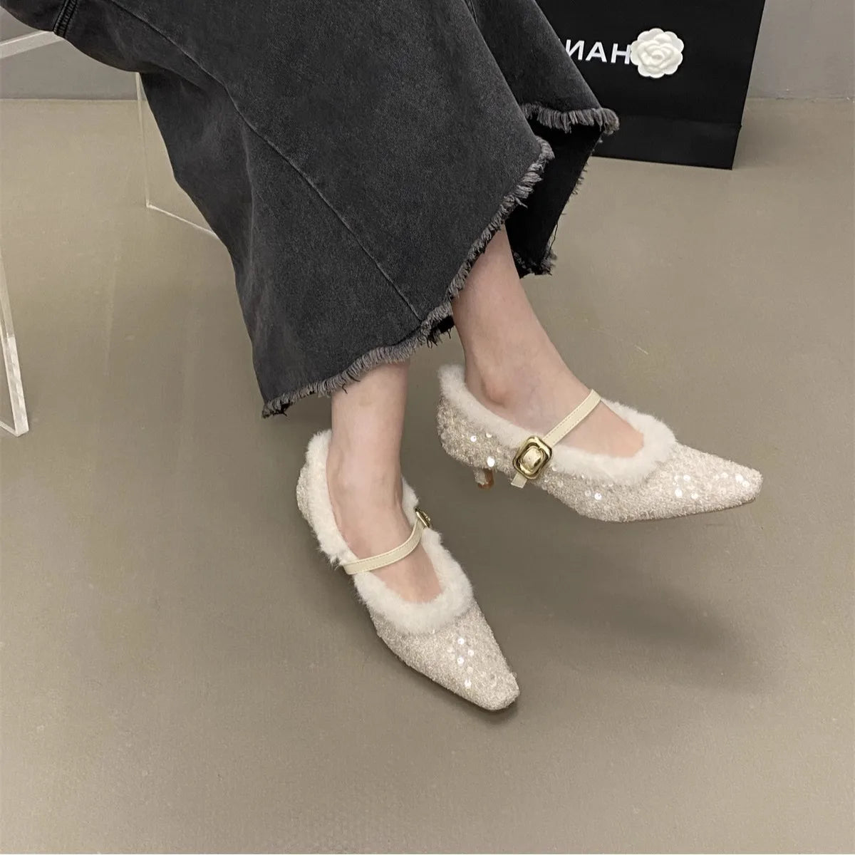 Lunivop Plush Mary Jane Single Shoes for Women New Designer Shiny Thin Heel Shoes Square Toe Shallow Mouth Warm Pumps Women's Shoes